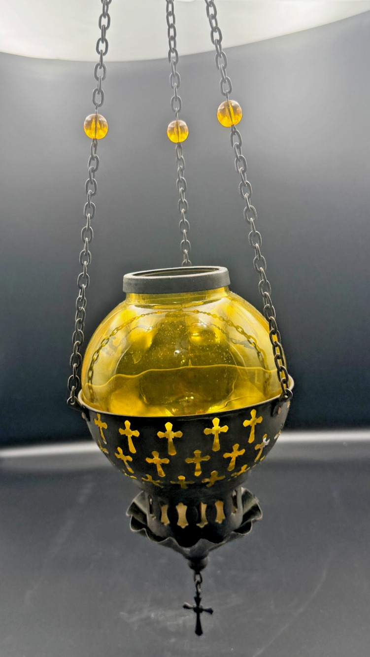 Hanging Metal Orthodox Sanctuary Vigil Lamp Candle Holder Yellow Amber Cross Cut